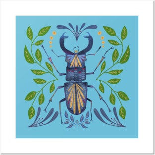 Whimsical Beetle Bug Drawing with leaves and flower pattern Posters and Art